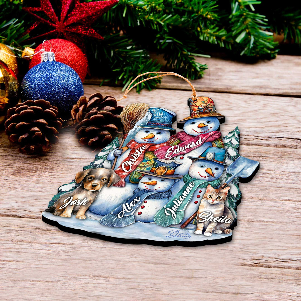 Adornos navideños personalizados de muñeco de nieve con familia feliz - Adornos de madera con nombres de familiares de G. Debrekht - Decoración navideña - 8652755P