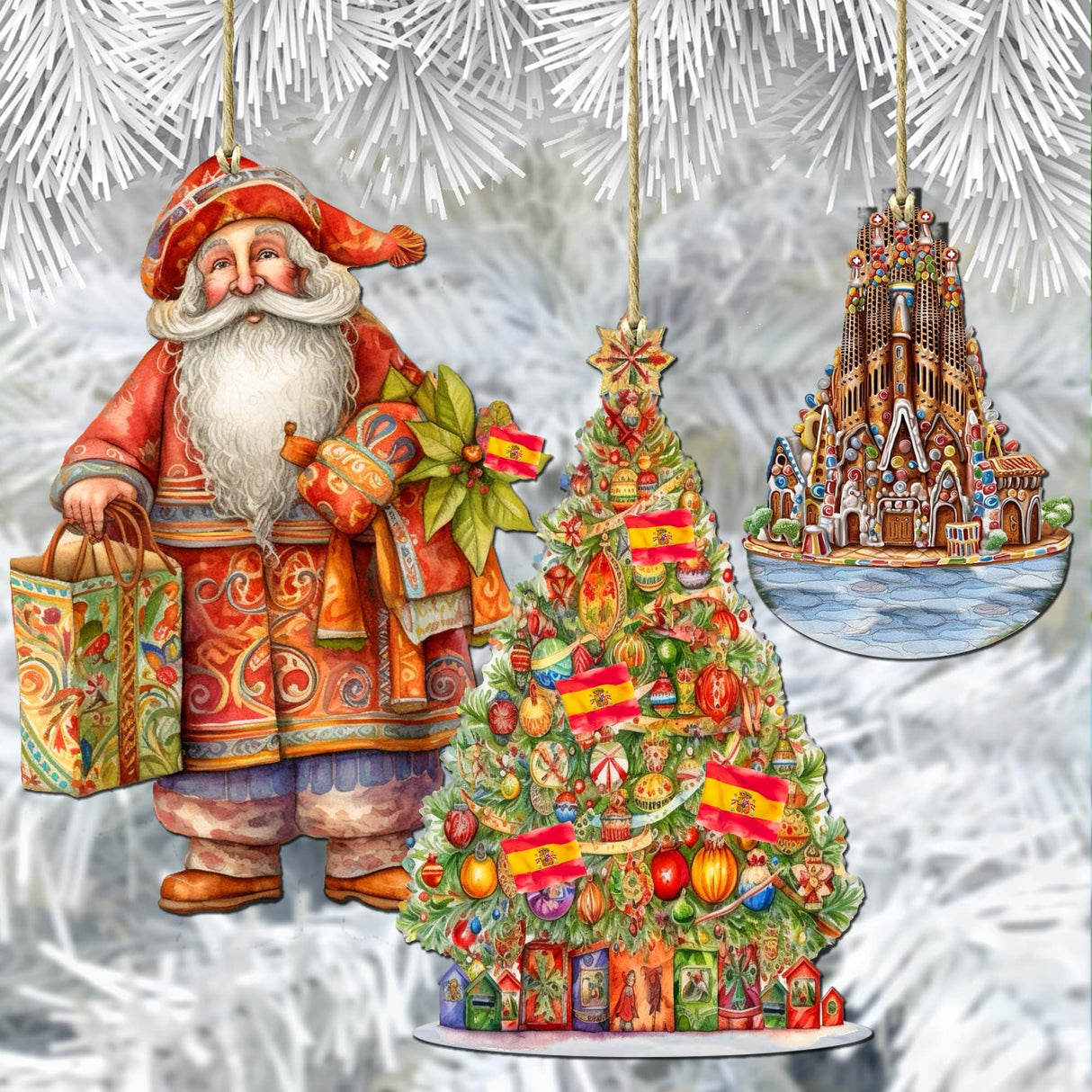 Papá Noel de todo el mundo - Papá Noel de inspiración española - Juego de 3 adornos de madera de G. DeBrekht - Decoración navideña de Papá Noel y muñeco de nieve - 8091305S3