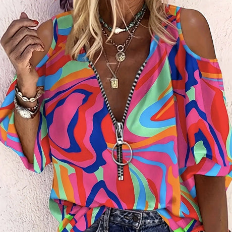 Ladies' Printed Off Shoulder V-neck Zipper Lantern Top - Lootquake