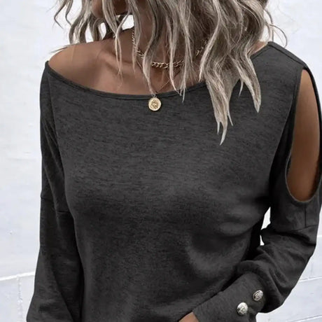 Women's Fashion New Off Shoulder Button Long Sleeved Casual Top T-shirt - Lootquake