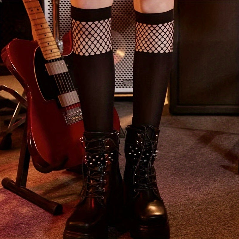 Calcetines de rejilla con patchwork hasta la pantorrilla, calcetines hasta la rodilla estilo universitario JK, medias y calcetería para mujer
