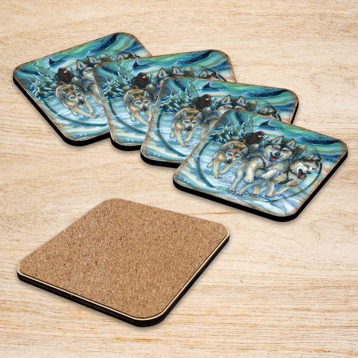 Northern Night Wooden Cork Coasters Gift Set of 4 by J. Bergsma - Wildlife Decor  - 8199468C-S4