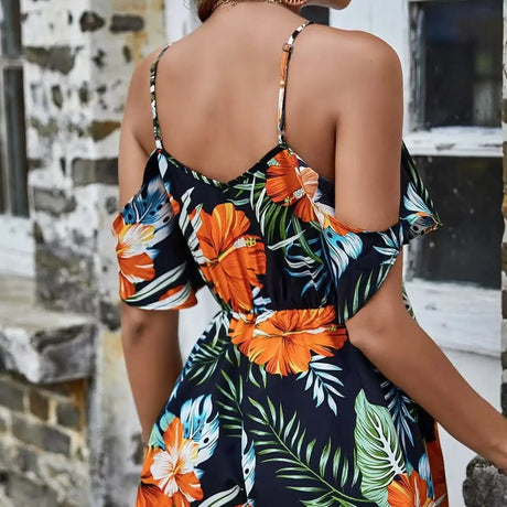 Ladies' Camisole, Off Shoulder, Hanging Pleats, Lotus Leaf Sleeves, Floral Tropical Print, Vacation Style Jumpsuit - Lootquake