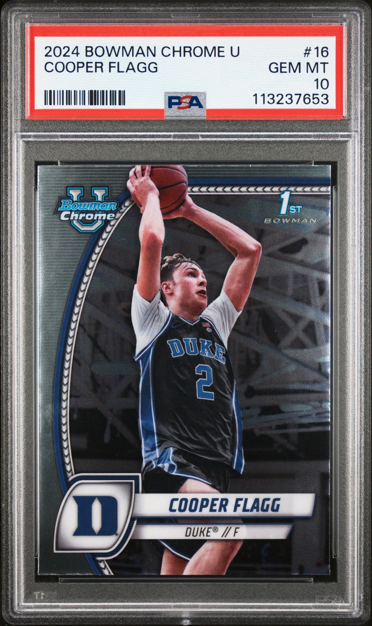 Tarjeta de baloncesto Topps Bowman Chrome U Cooper Flagg #16 Rookie RC, calificada en 2024, PSA 10 Gem Mint