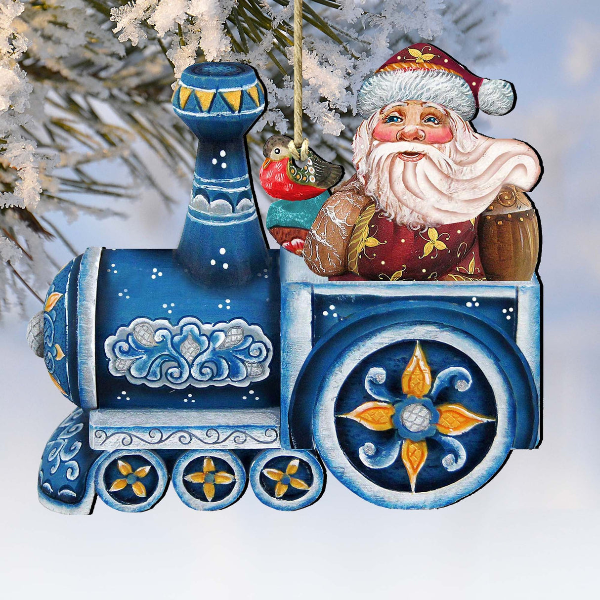 Adornos de madera de Papá Noel en tren de G. DeBrekht - Decoración navideña de muñeco de nieve de Papá Noel - 8129211