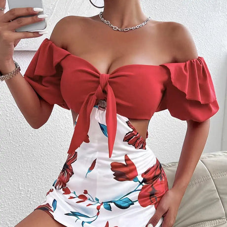Ladies' Fashionable Casual Floral Print Off Shoulder Knot Decoration Hollow Jumpsuit - Lootquake