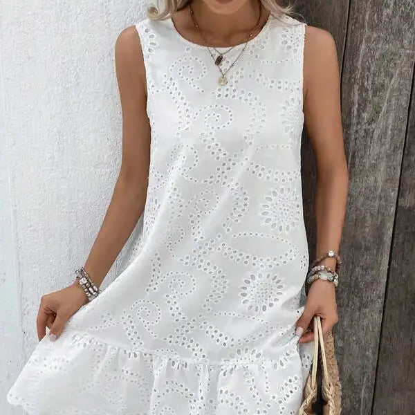 Ladies' Solid Color Vacation Style Hollow Flower Pattern Details Round Neck Off Shoulder Wide Shoulder Strap Mushroom Edge Hanging Pleat Elegant Style Dress - Lootquake