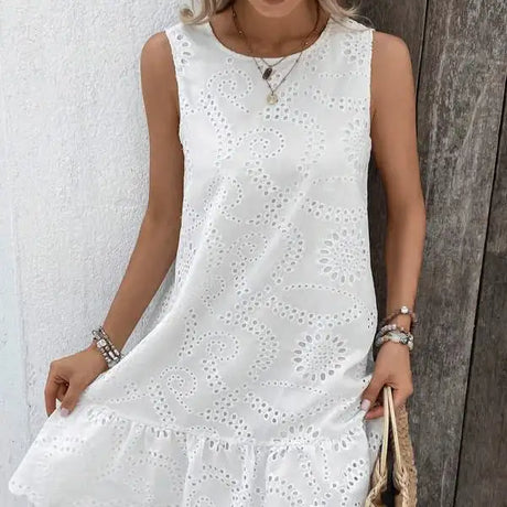 Ladies' Solid Color Vacation Style Hollow Flower Pattern Details Round Neck Off Shoulder Wide Shoulder Strap Mushroom Edge Hanging Pleat Elegant Style Dress - Lootquake