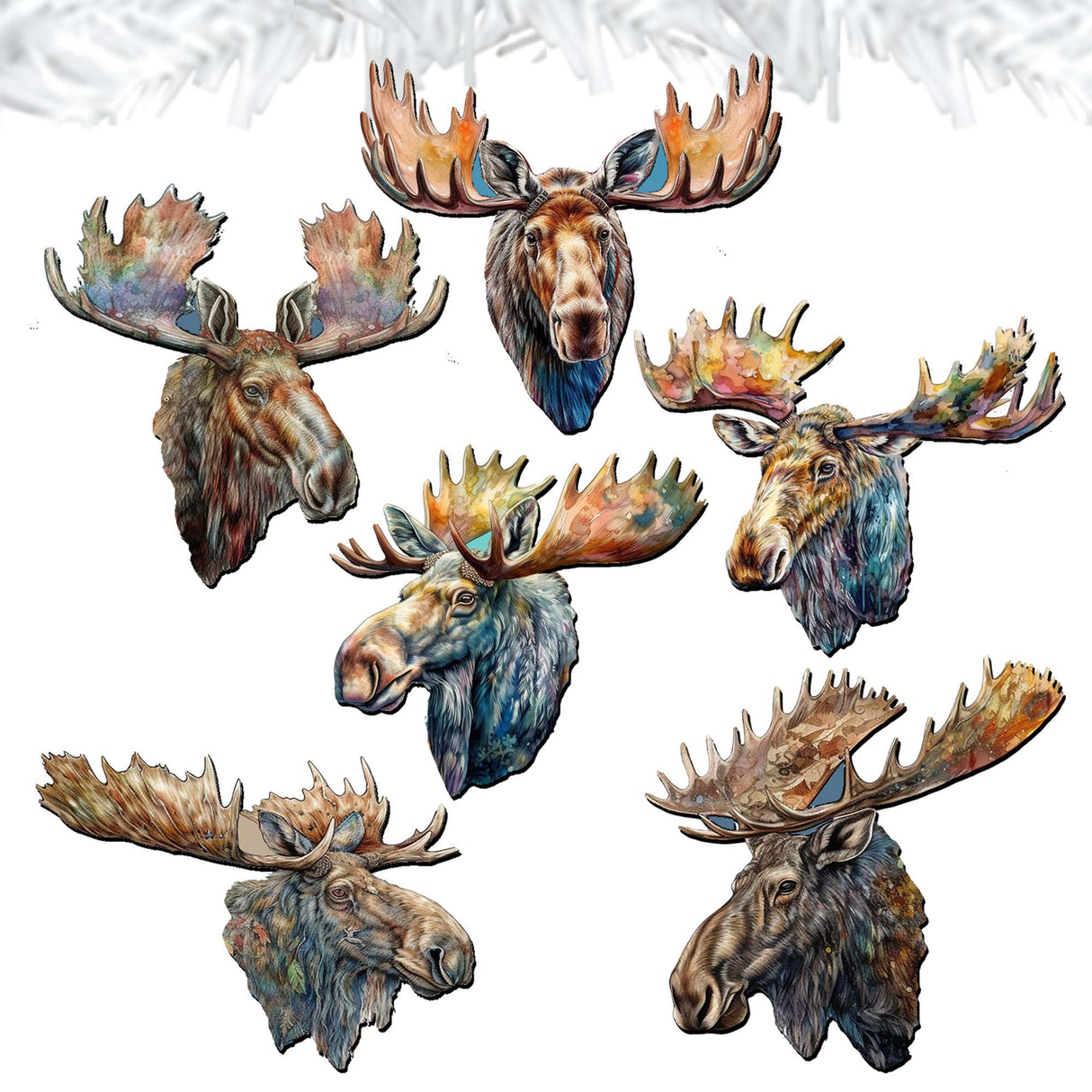 Majestic Moose Decorative Wooden Clip-on Ornaments Set of 6 by G. Debrekht - Wildlife Decor - 8090108C-S6