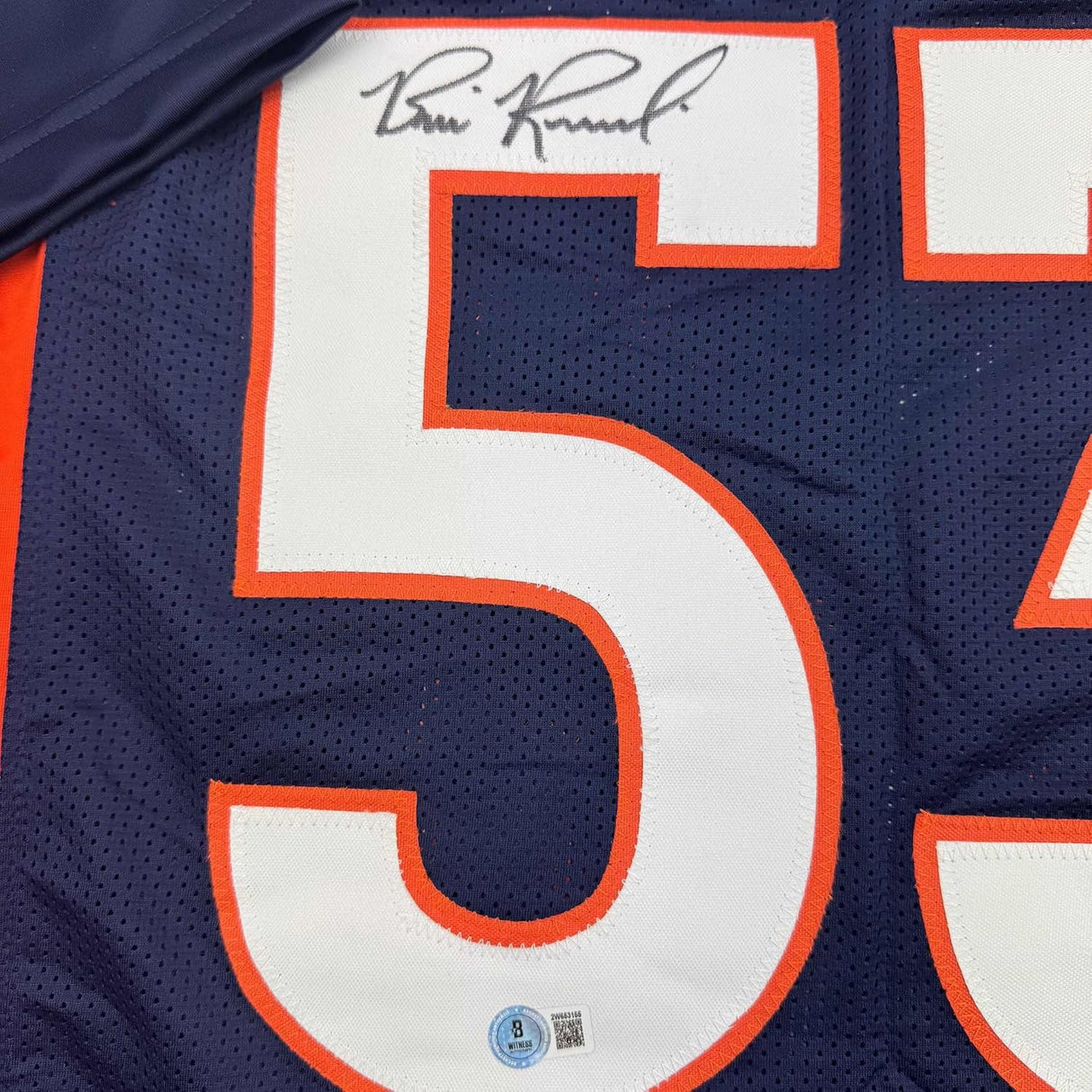 Camiseta de fútbol azul de Denver Beckett BAS COA enmarcada, autografiada y firmada por Bill Romanowski, 35 x 39