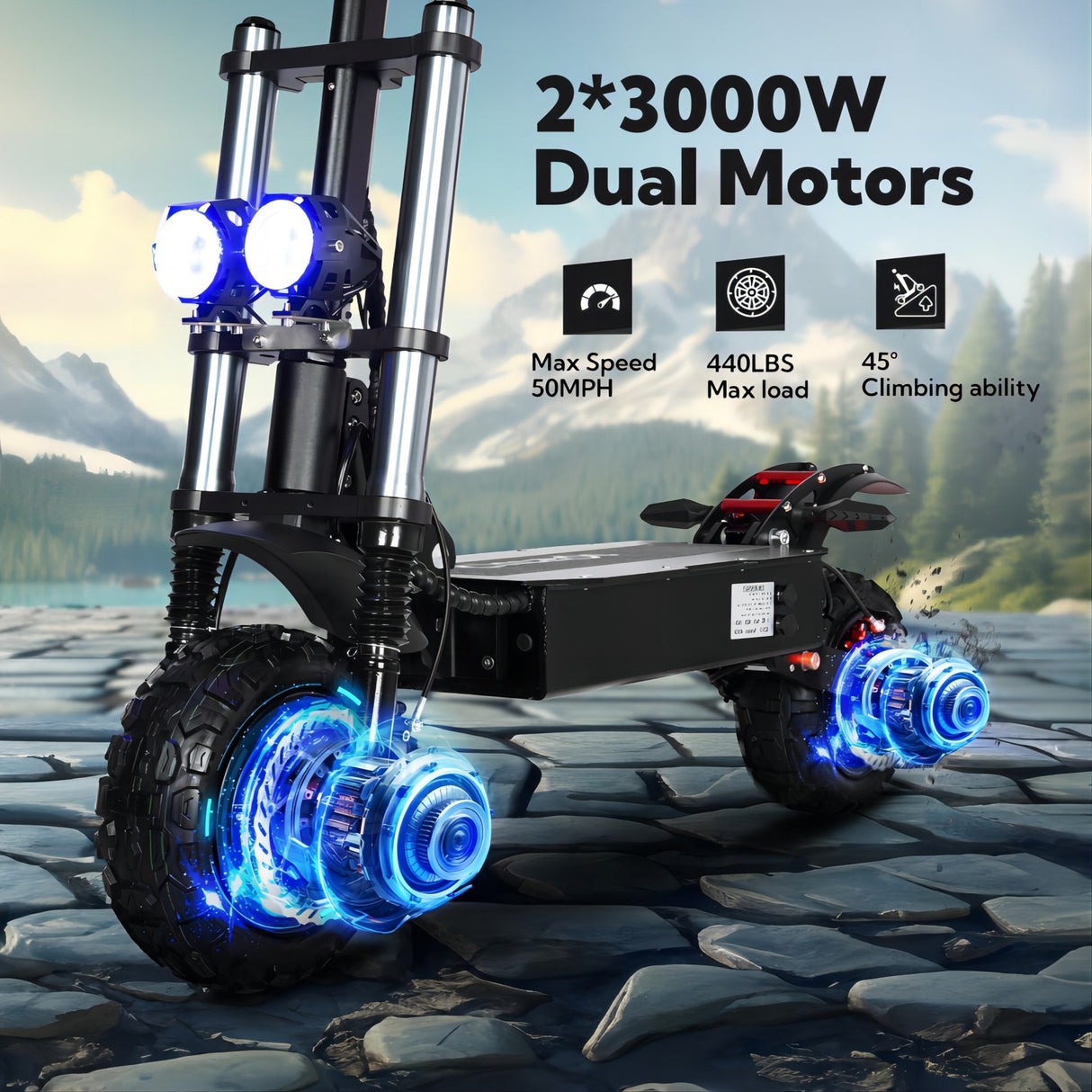 Trottinette électrique avec siège, double moteur 6000 W, vitesse maximale 80 km/h, batterie 60 V 35 Ah, autonomie de 80 km, pneus tout-terrain 11 pouces pour les déplacements urbains et les sorties tout-terrain.