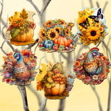 Happy Thanksgiving Decorative Wooden Clip-on Ornaments of 6 by G. Debrekht - Thanksgiving Decor - 8090018C-S6