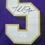 Framed Autographed/Signed Terrell Suggs 35x39 Baltimore Purple Football Jersey JSA COA #2