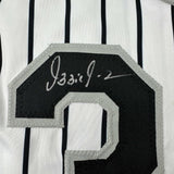 Framed Autographed/Signed Ozzie Guillen 35x39 Chicago Pinstripe Baseball Jersey JSA COA