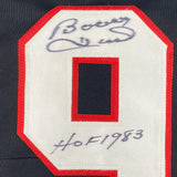 Framed Autographed/Signed Bobby Hull HOF 1983 35x39 Chicago Black Hockey Jersey JSA COA
