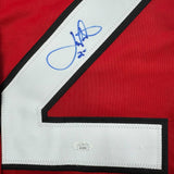 Framed Autographed/Signed Joe Nieuwendyk 35x39 New Jersey Red Hockey Jersey JSA COA