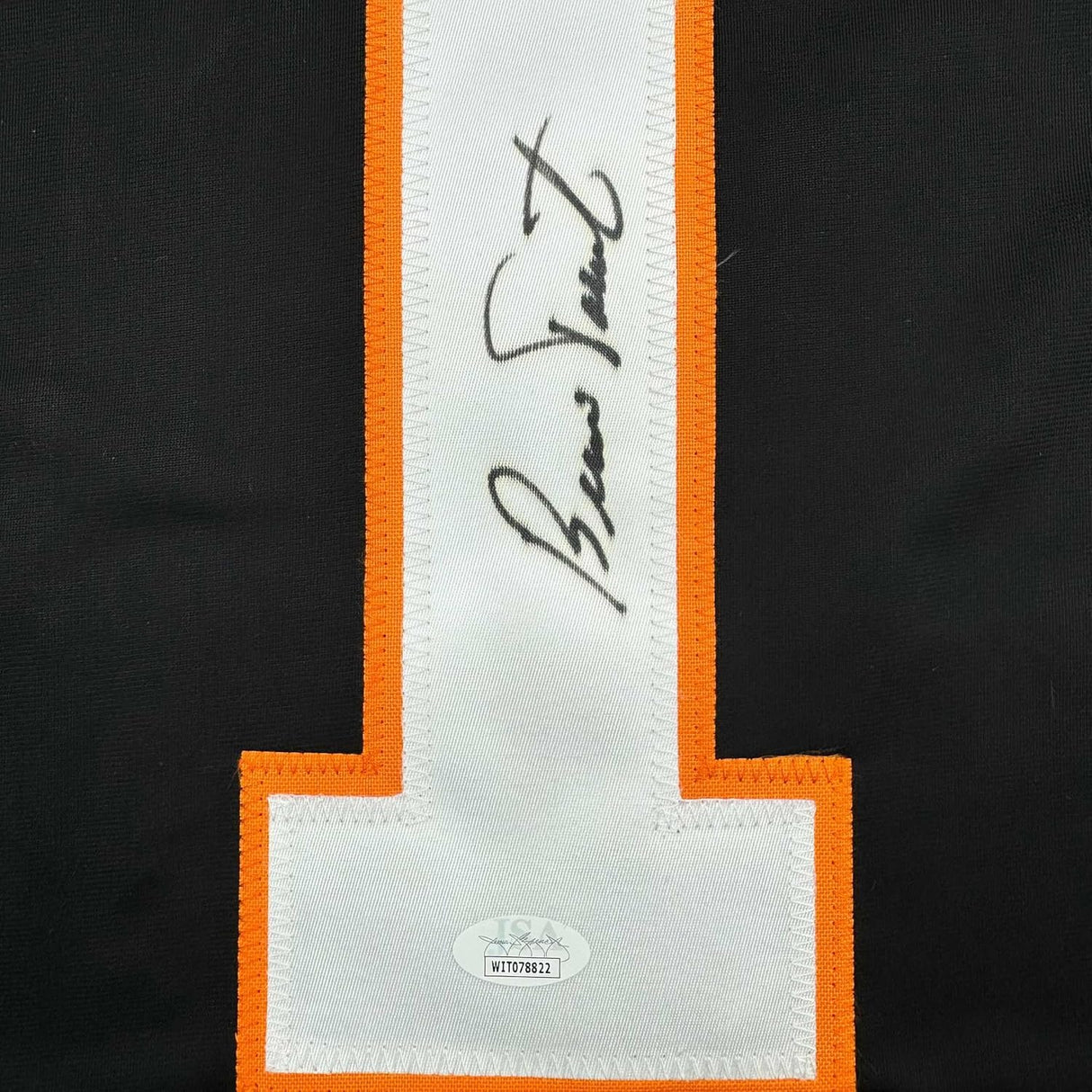 Framed Autographed/Signed Bernie Parent 35x39 Philadelphia Black Hockey Jersey JSA COA