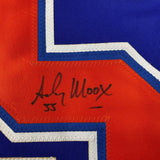 Camiseta de hockey azul Edmonton de 35 x 39, enmarcada, autografiada y firmada por Andy Moog (JSA COA)