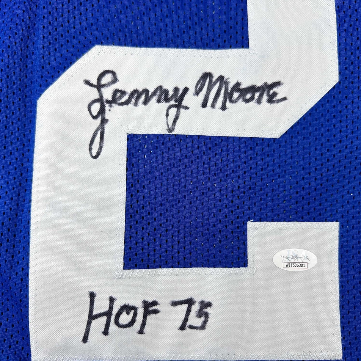Camiseta de fútbol azul Baltimore del Salón de la Fama 75, enmarcada, autografiada y firmada por Lenny Moore, 35 x 39, JSA COA