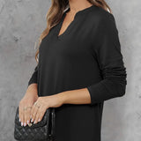 Women's Solid Color Waistband Top With Rolled Sleeves, V-neck Shirt, Long Sleeved Shirt, T-shirt - Lootquake