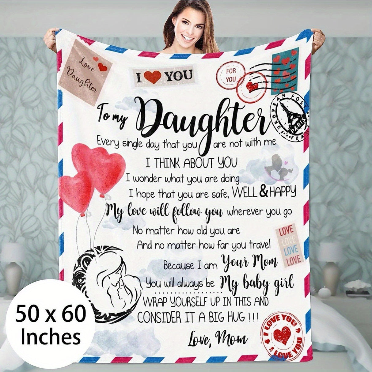 1pc Envelope Printed Flannel Blanket, To My Daughter From Mom Blanket For All Season, Warm Cozy Soft Throw Blanket Nap Blanket For Couch Bed Sofa Office Camping Travel Home Decor, Holiday Gift Blanket For Daughter