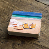 Beach Sandals and Hat Coastal Wooden Cork Coasters Gift Set of 4 by Nature Wonders - Coastal Sea-Life Decor - 95355C-S4
