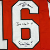 Framed Autographed/Signed LCB Line Reggie Leach, Bobby Clarke & Bill Barber 35x39 Philadelphia Orange Hockey Jersey JSA COA