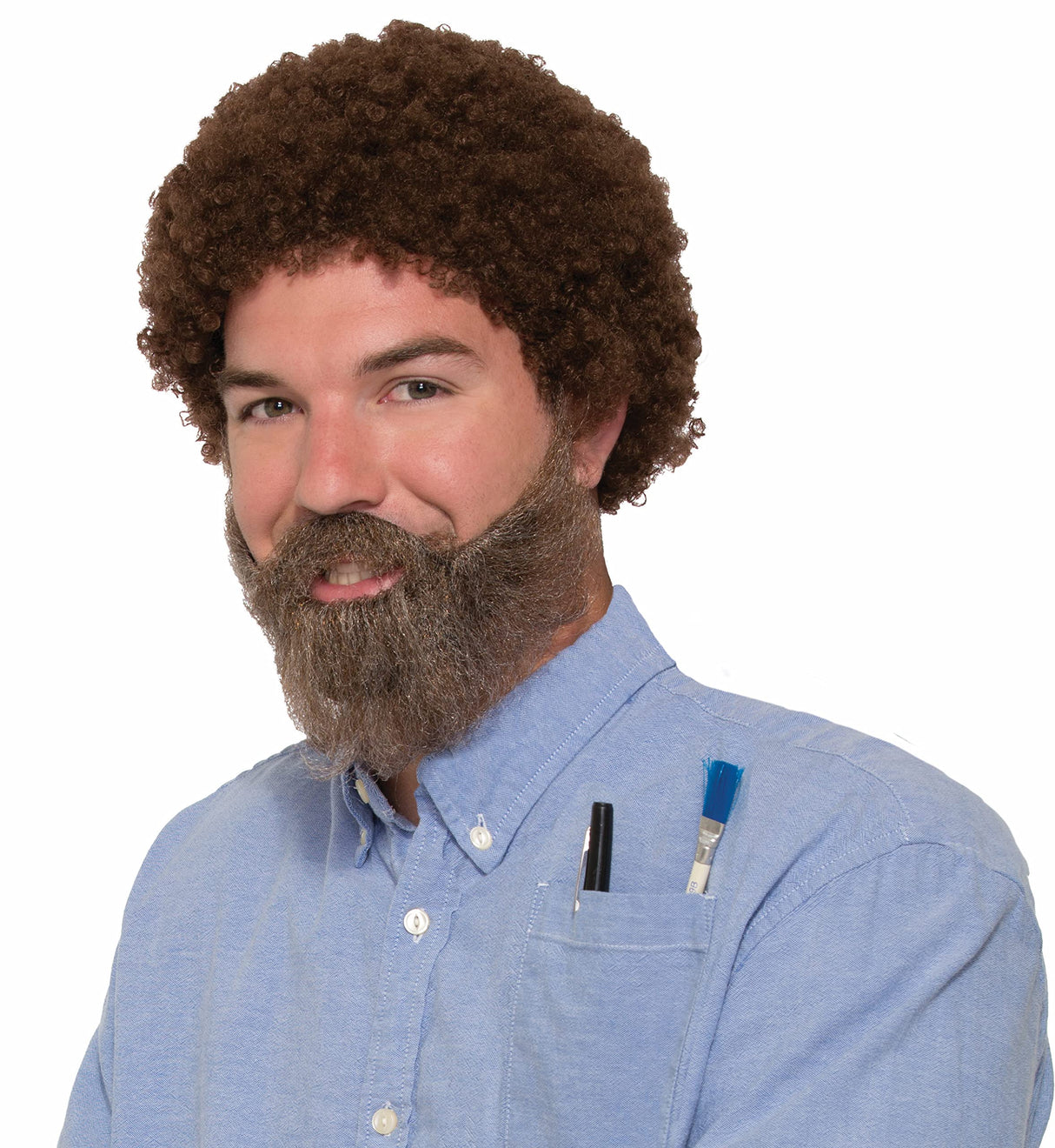 80's Bob Ross Curly Brown Wig Beard & Moustache Costume Kit