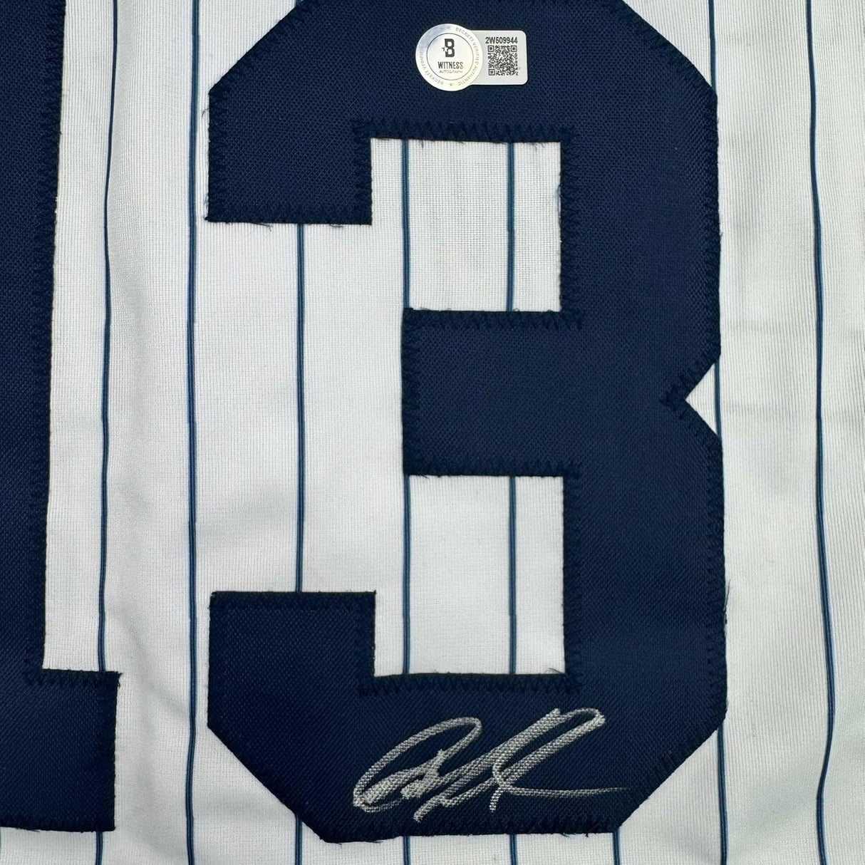 Framed Autographed/Signed Jazz Chisholm Jr. 35x39 New York Pinstripe Baseball Jersey Beckett BAS COA