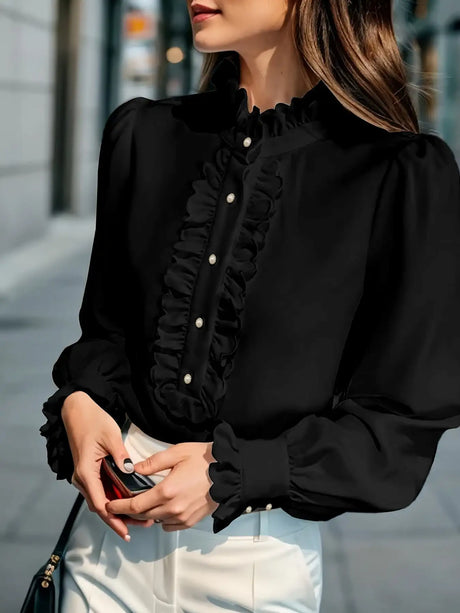 Fashionable Stand-up Collar Long-sleeved Shirt With Lotus Leaf Hem - Lootquake