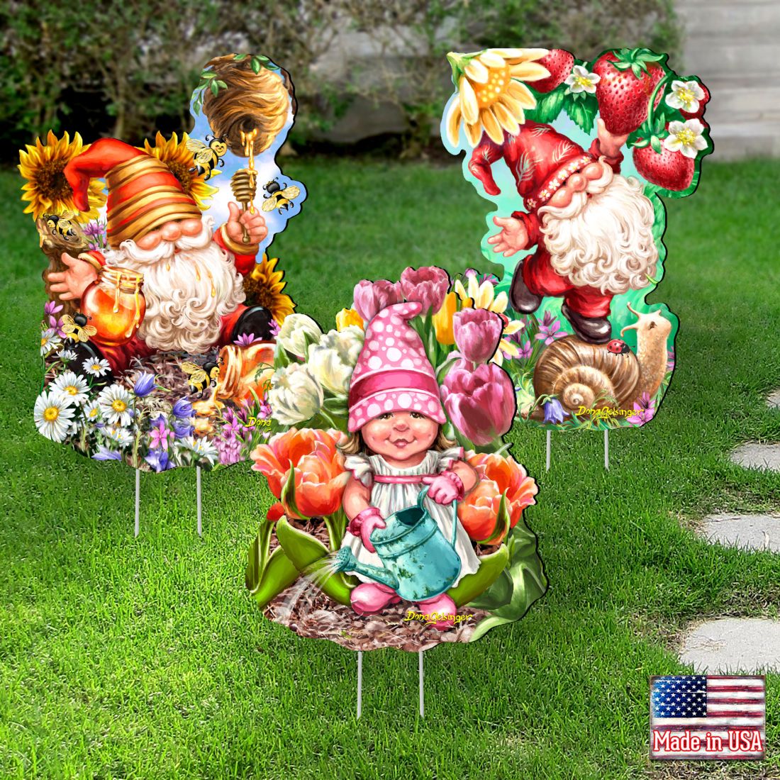 Juego de 3 gnomos enanos para jardín al aire libre Sweet Blossom &amp; Dream de D. Gelsinger - Decoración de primavera y Pascua - 8461060-S3M-DG