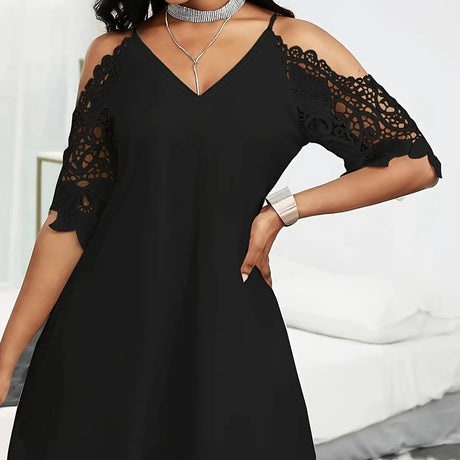 Ladies' V-neck Fashionable Loose Off Shoulder Half Sleeved One Shoulder Crochet Lace Hollow Out Casual Mini Dress - Lootquake
