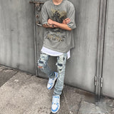 Handmade Splash-ink Blue Diamond Ripped Jeans - Lootquake