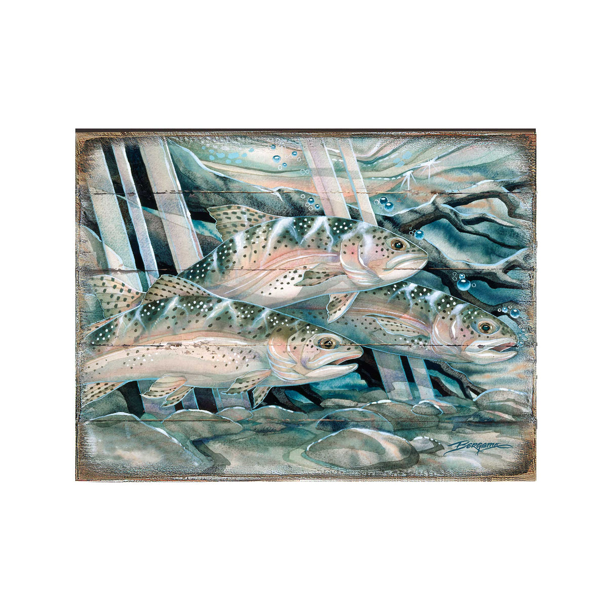Catch the Rainbow Trout Wooden Wall Art by J. Bergsma - Nature Wildlife Decor - 85922674B-JB