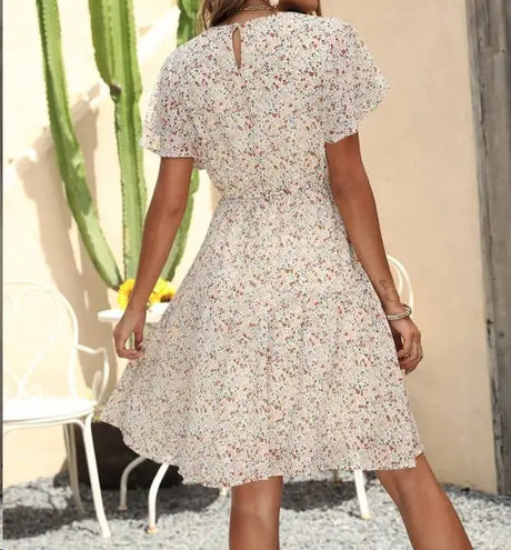 Women's V-neck European And American Floral Print Butterfly Sleeve Short Sleeved Vacation Dress - Lootquake