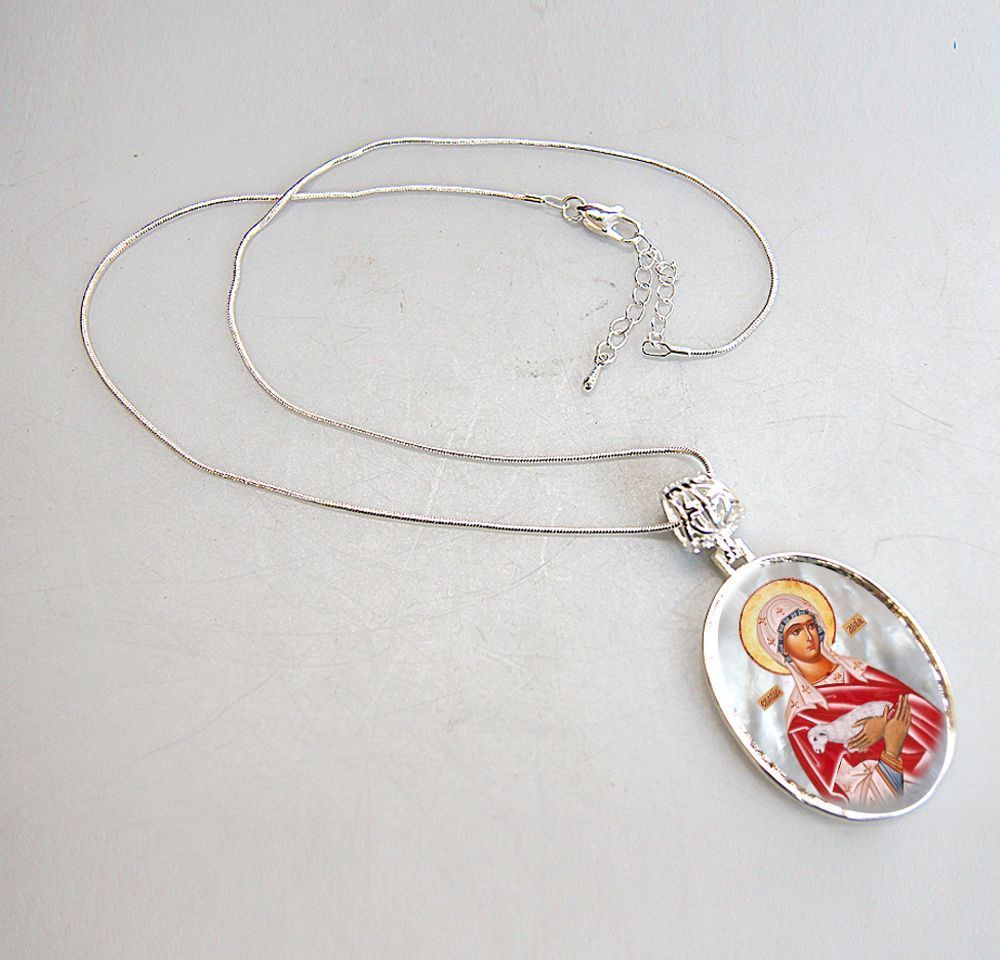 Icon of The Virgin Mary Silver Plated Mother of Pearl Necklace Jewelry - 43025