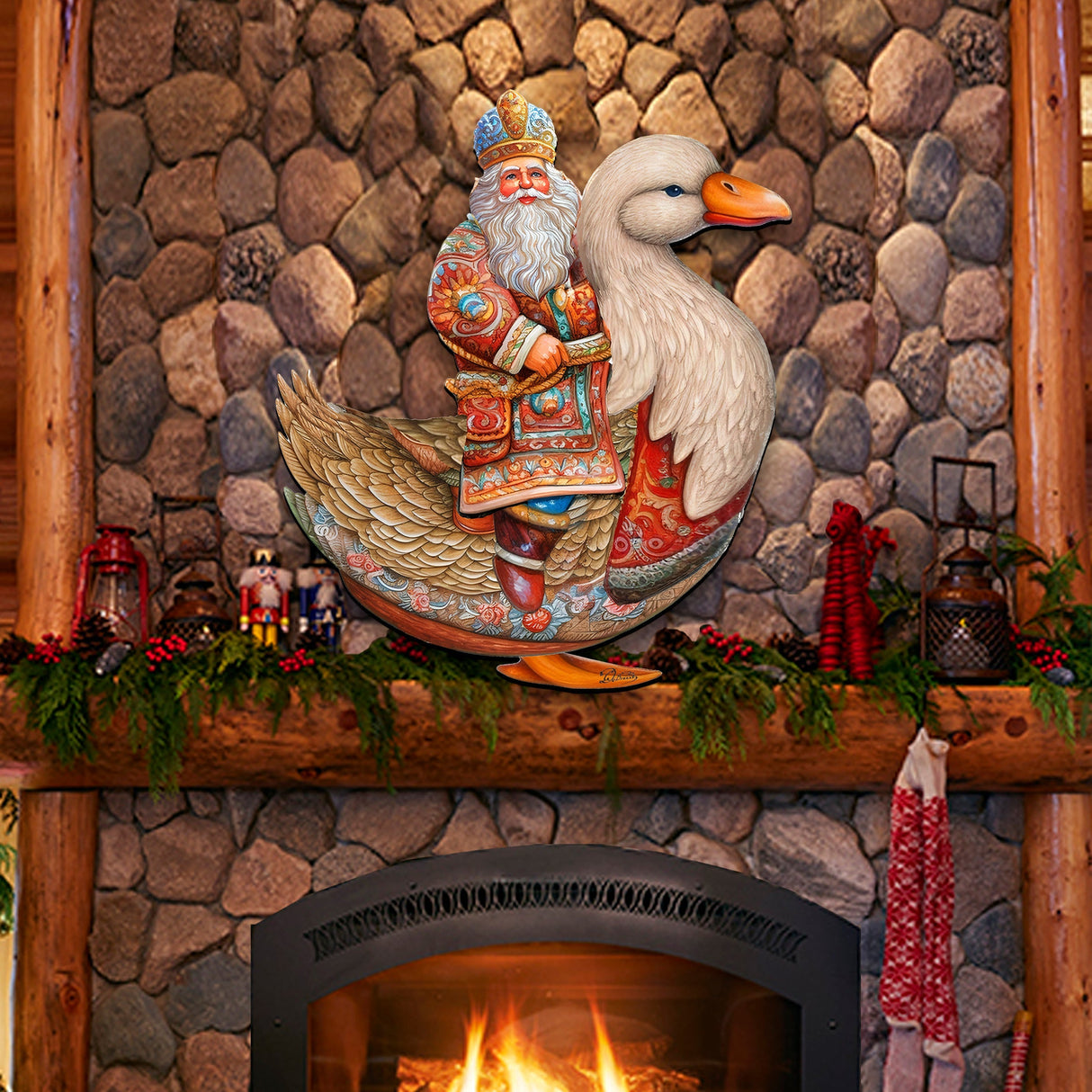 Charming Santa Riding Goose Holiday Door Decor by G. Debrekht - Christmas Santa Snowman Decor - 8611063H