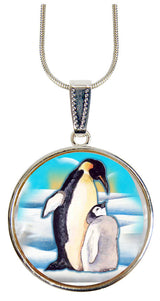 Love Coup[e Penguins Silver Plated Mother of Pearl Jewelry Pendant Necklace - 44033-2