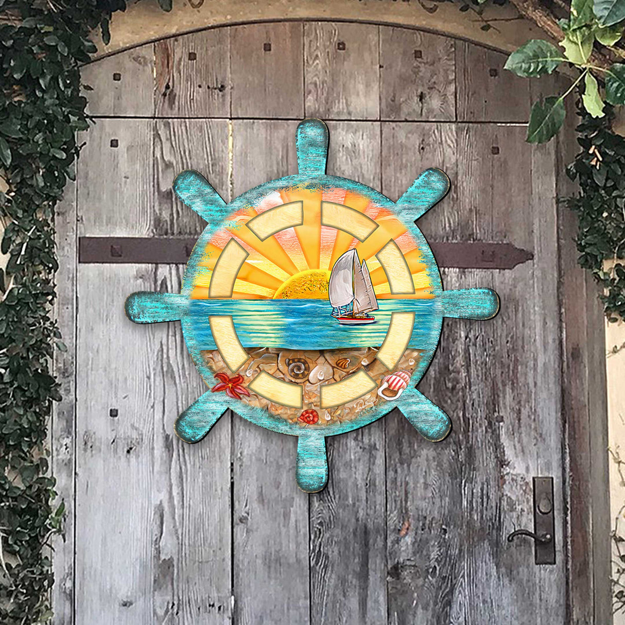 Captains Wheel Coastal Outdoor Door Decor by G. DeBrekht - Coastal Holiday Decor - 8198536H