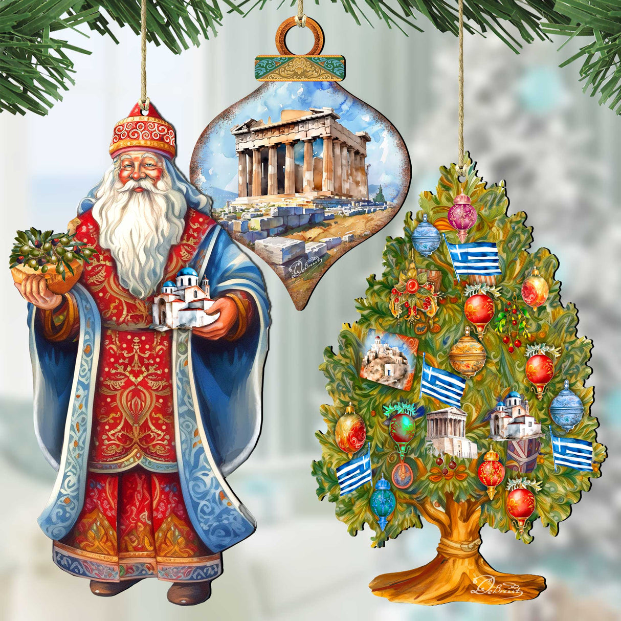 Papá Noel de todo el mundo - Papá Noel inspirado en Grecia - Juego de 3 adornos de madera de G. DeBrekht - Decoración navideña de Papá Noel y muñeco de nieve - 8091316S3