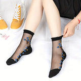 Lot de 10 paires de chaussettes en soie à broderie florale pour femmes, douces et respirantes