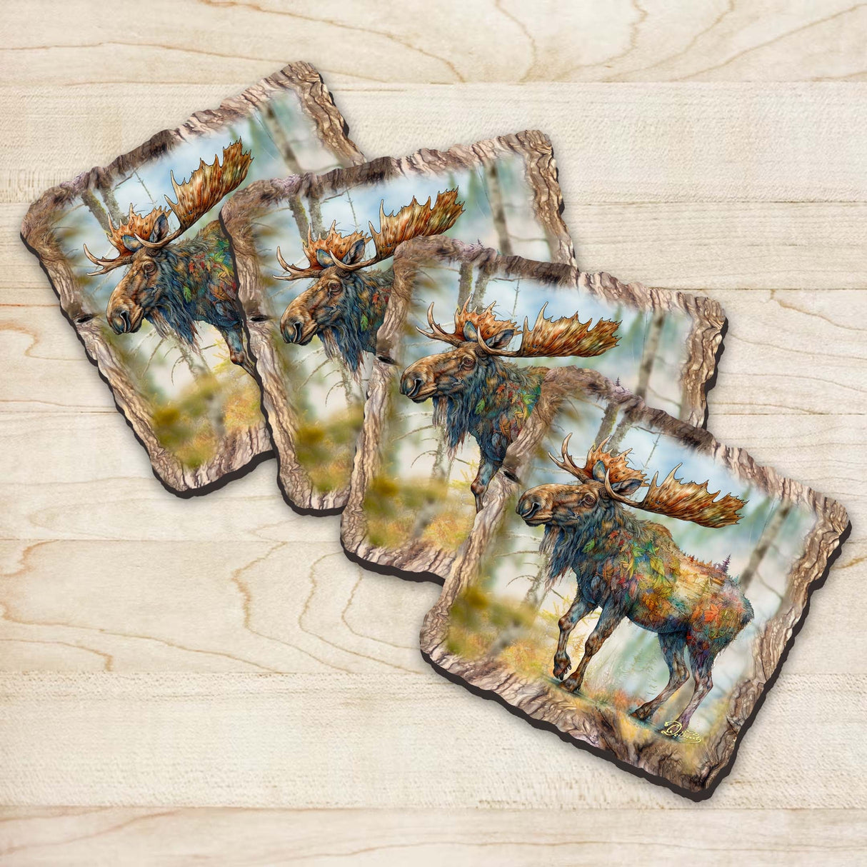 Moose Wooden Cork Coasters Gift Set of 4 by Nature Wonders Nature Wildlife Décor  - 95390C-S4