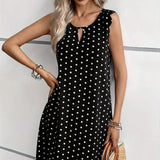 Ladies' Fashionable Casual Pullover Polka Dot Dress With Hollowed Out Collar And Round Neck Wavy Edge Skirt - Lootquake