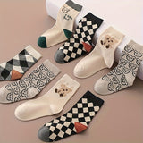 5 Pairs of Vibrant Cartoon Checkered Crew Socks for Boys - Calf Socks with Breathable, Comfy, Casual Style for Unisex Kids, Perfect for Outdoor Play All Seasons, Soft, Gentle, and Durable