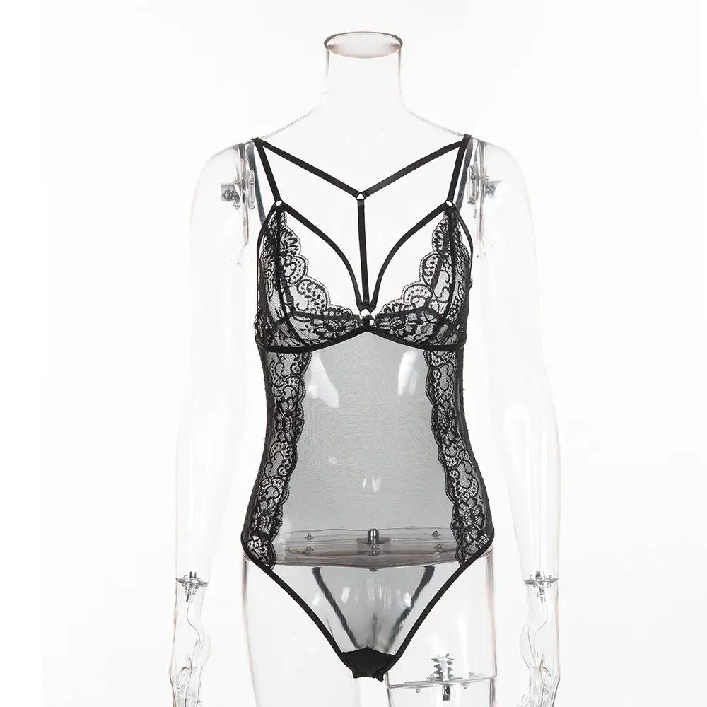 Sexy lingerie lace stitching perspective sexy bodysuit - Lootquake