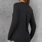Women's Solid Color Waistband Top With Rolled Sleeves, V-neck Shirt, Long Sleeved Shirt, T-shirt - Lootquake