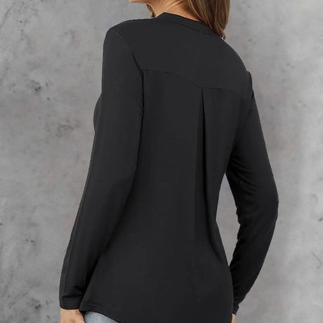 Women's Solid Color Waistband Top With Rolled Sleeves, V-neck Shirt, Long Sleeved Shirt, T-shirt - Lootquake