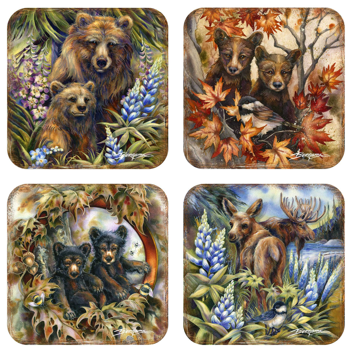 Forest Friends Wooden Cork Coasters Gift Set of 4 by J. Bergsma - Wildlife Decor  - 8199455C-S4