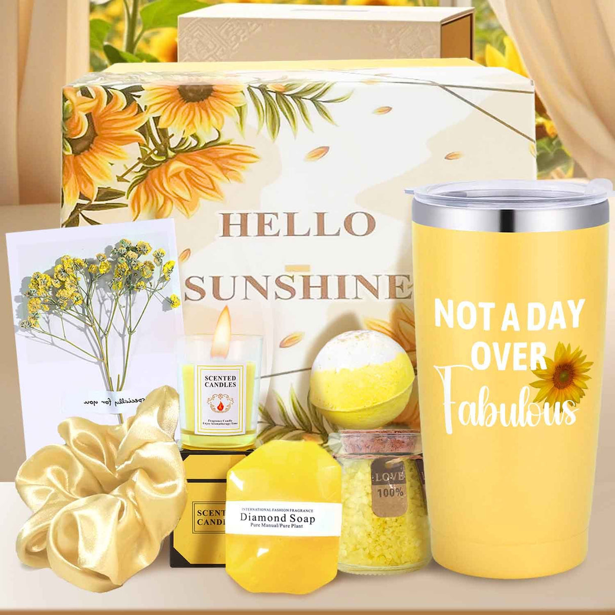8pcs Fabulous Yellow Gift Set for Women - Includes Insulated Tumbler, Greeting Card, Hair Tie, Scented Candle, Bath Salts, Bath Bomb, Soap, and Elegant Gift Box - Perfect for Christmas & Thanksgiving, Gift Set, Scented Candle