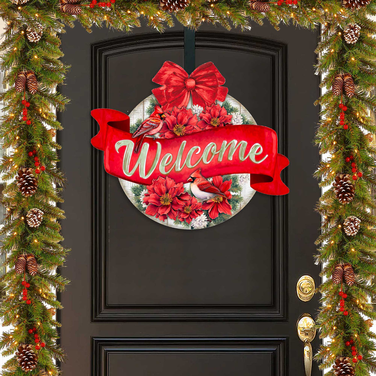 Christmas Wreath Welcome Sign Front door welcome sign Main entrance banner Welcome sign - Wooden front porch decor - 933117H